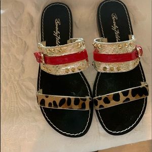 Beverly Feldman animal print red and gold sandals
